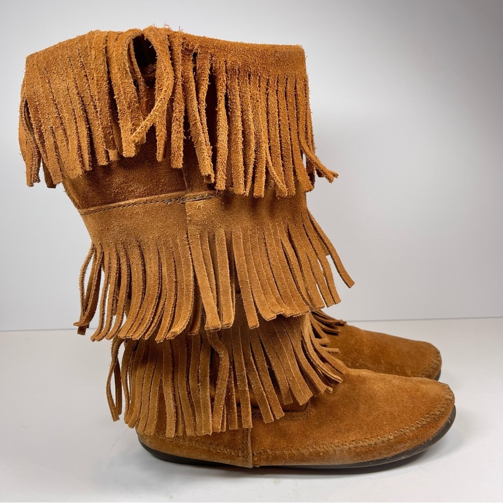 Minnetonka Brown 3-Layer Fringe Boots‎ Size 10M - Picture 2 of 14